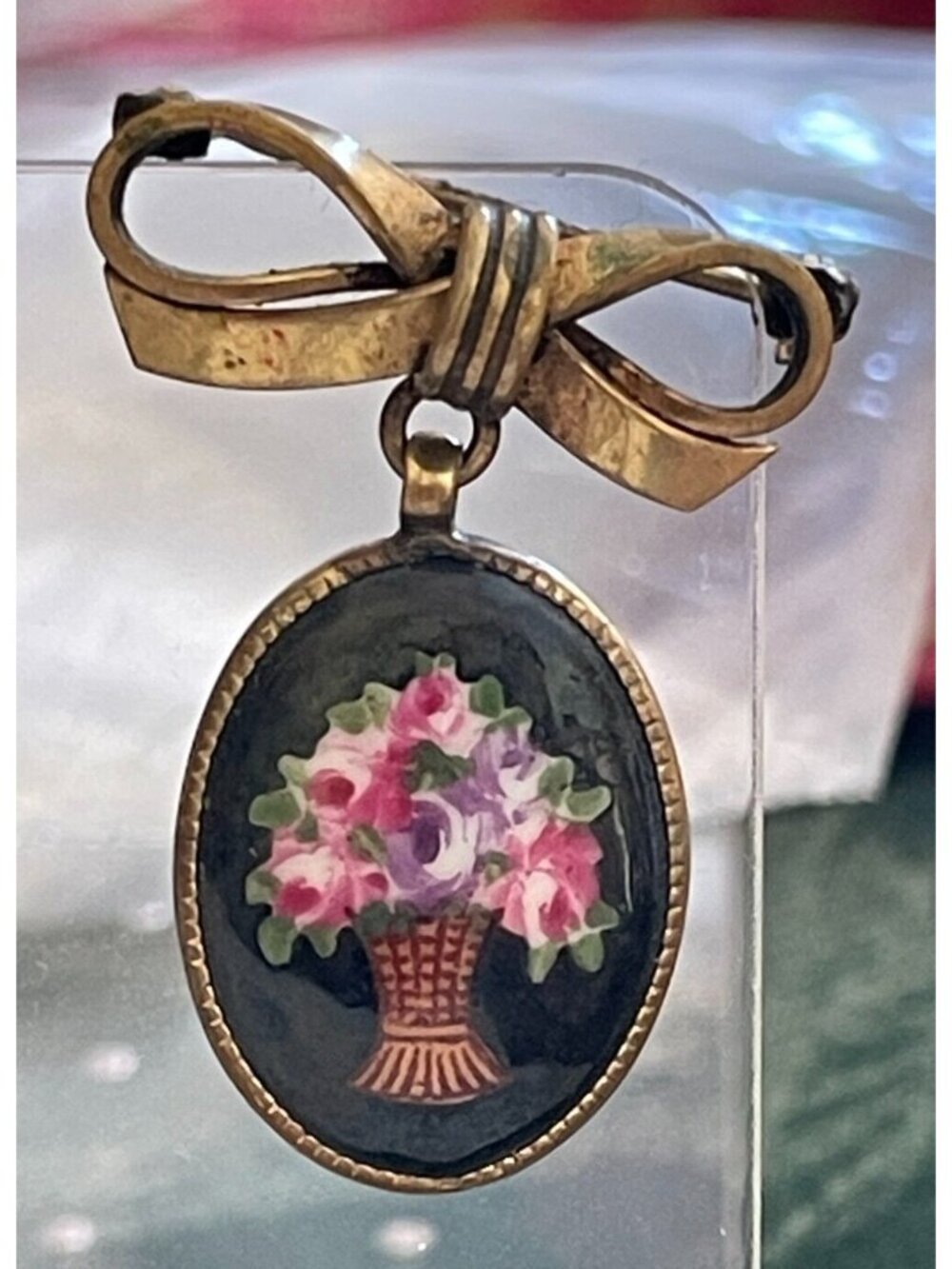 Antique Victorian Hand Painted Porcelain Rose Basket Bow Brooch Pin Limoges Styl